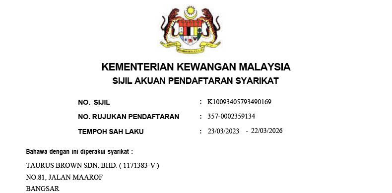 Taurus Brown Sdn Bhd MOF Cert