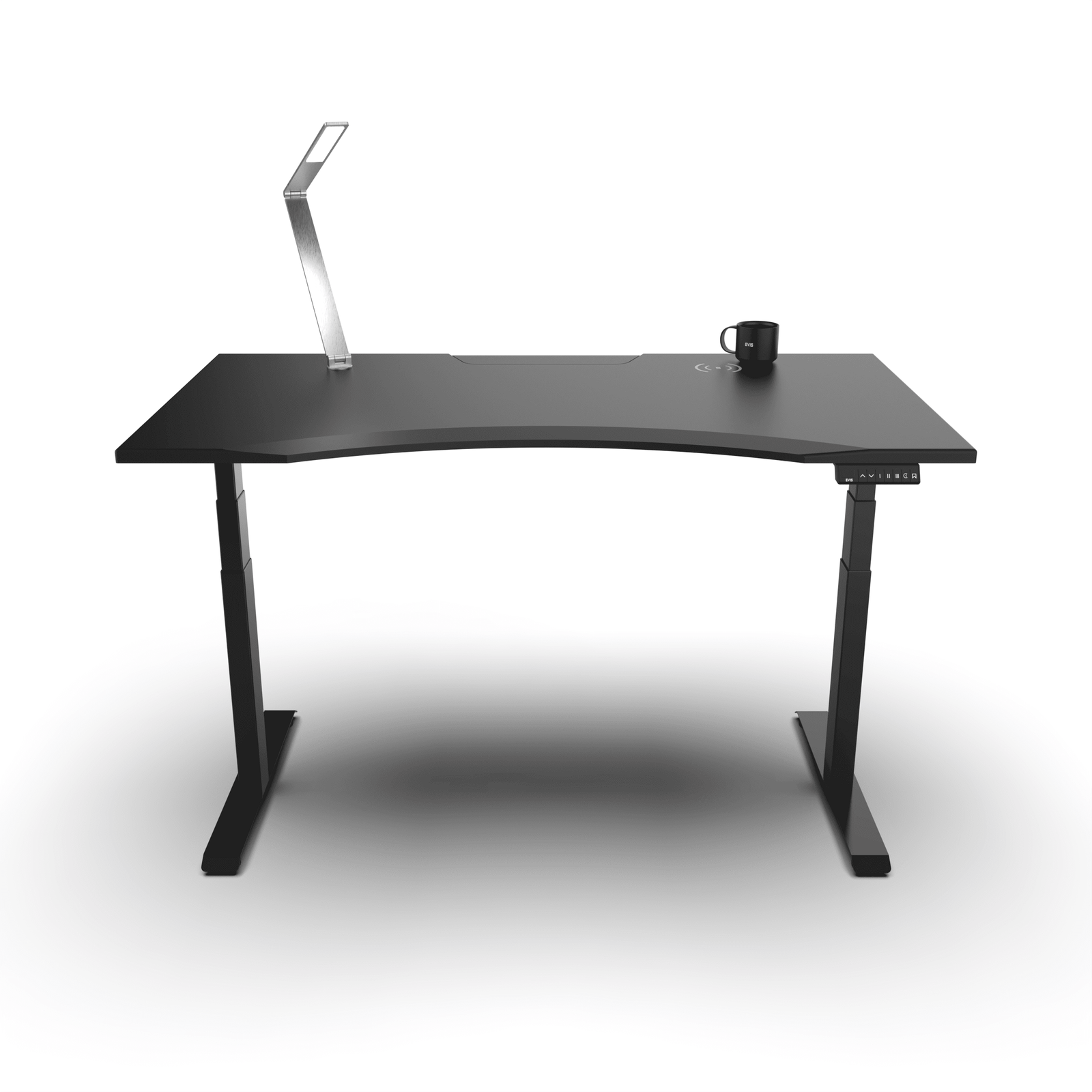 Modern Height-Adjustable Smart Desk with Curved Edge in Sleek Black Finish - Ergonomic Workspace Solution with Integrated Wireless Charging and Adjustable Lighting